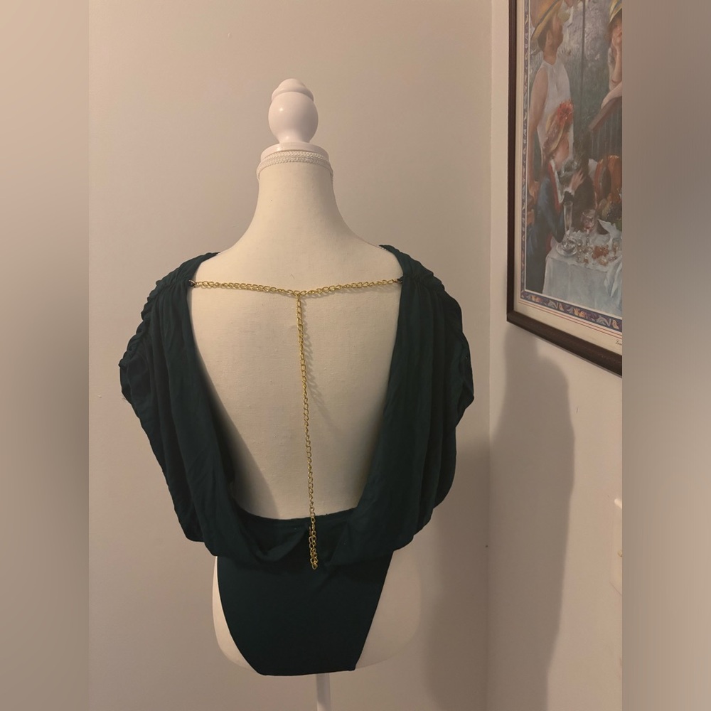 Elegant Green Draped Bodysuit with Gold Chain Back Detail